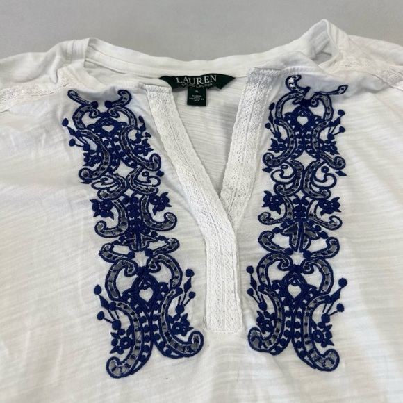 Lauren Ralph Lauren Womens V-Neck Tunic Embroidered Cotton 3/4 Sleeve White Sz S - Picture 4 of 9
